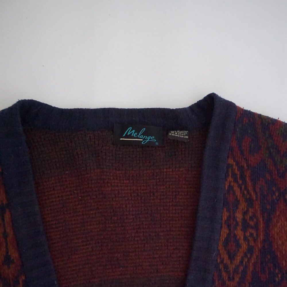 Vintage Melange Navy Burgundy Geometric Knit Button Front Cardigan Sweater L - Picture 10 of 11